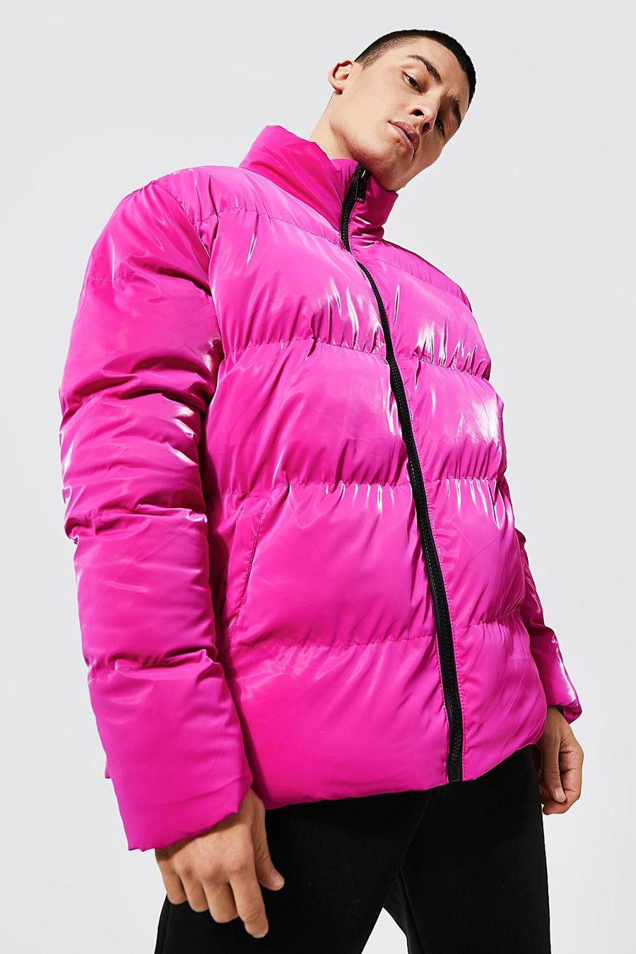 Pink Oversize pufferjacka med hög krage image number 1