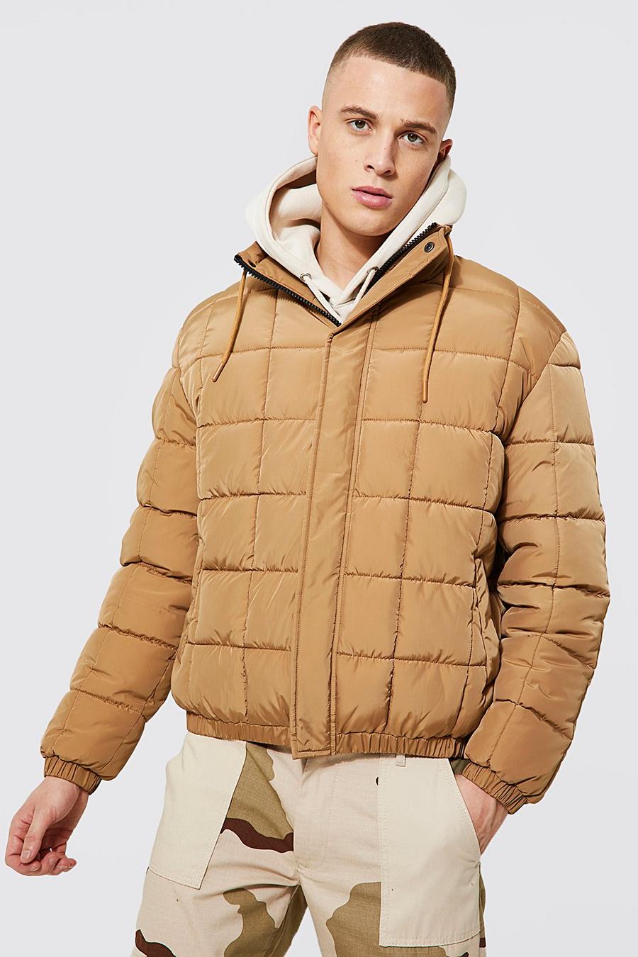 Camel Square Quilted Funnel Neck Puffer image number 1
