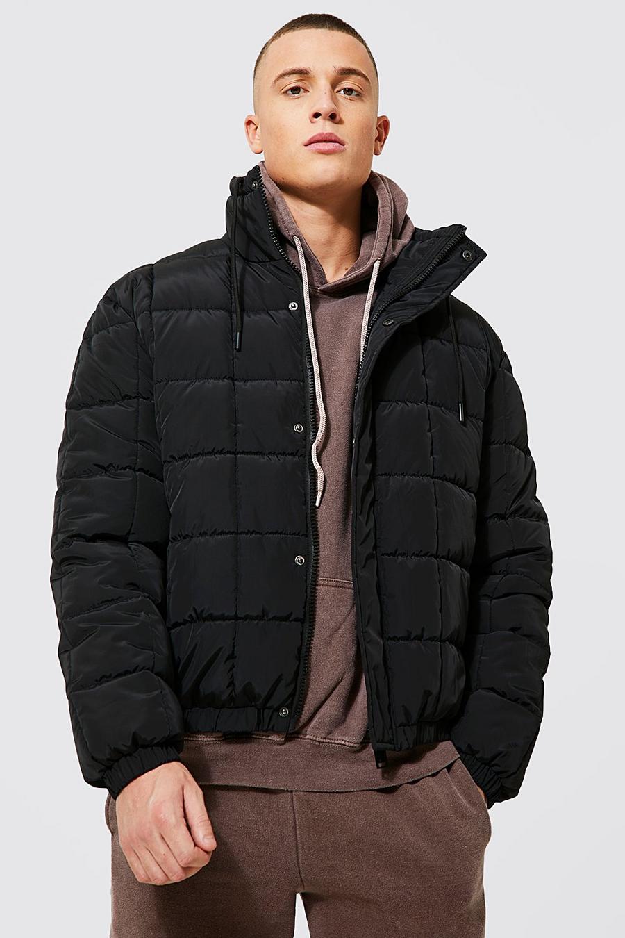 Black Square Quilted Funnel Neck Puffer