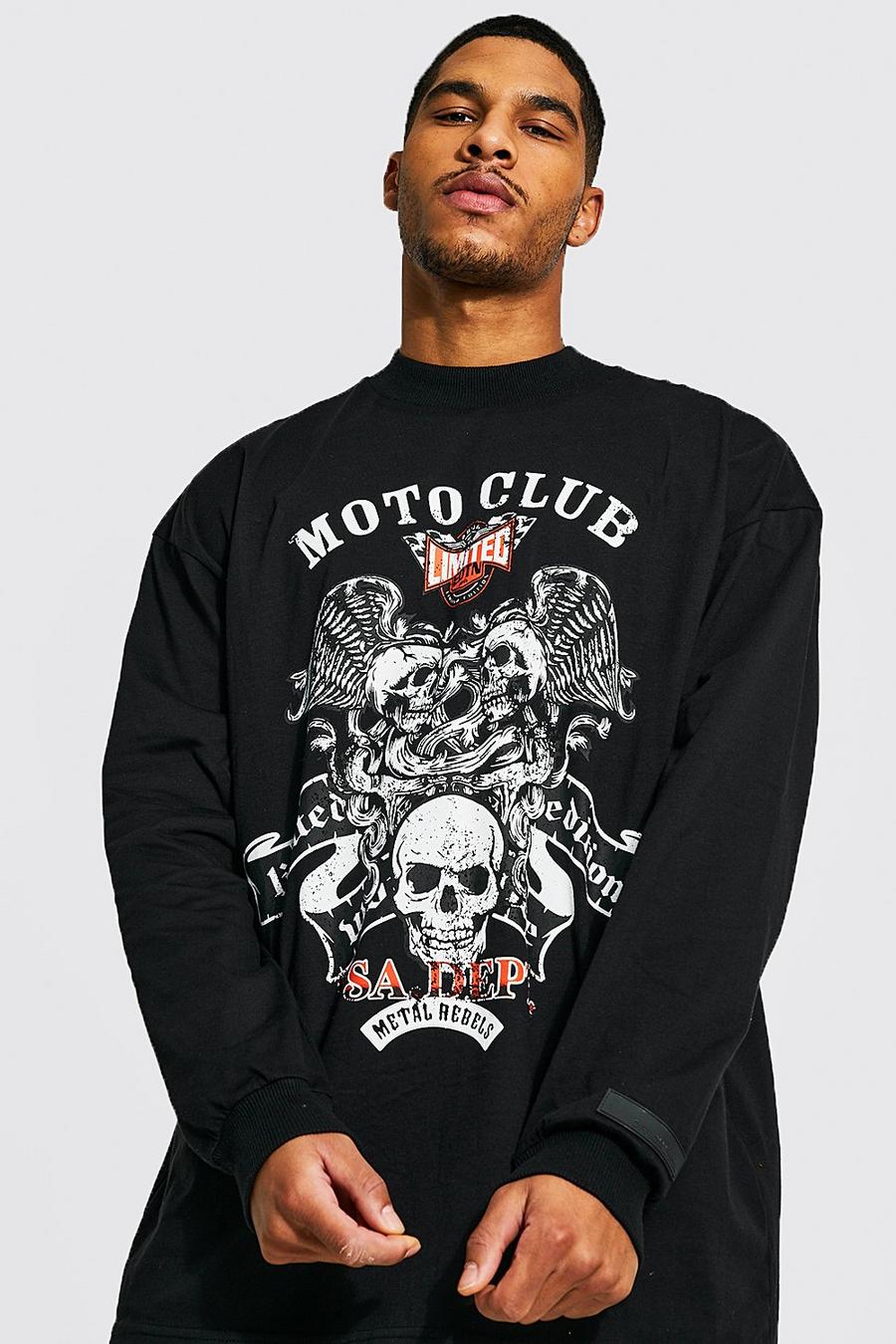 Tall langärmliges Oversize T-Shirt mit Moto Club Print, Black noir