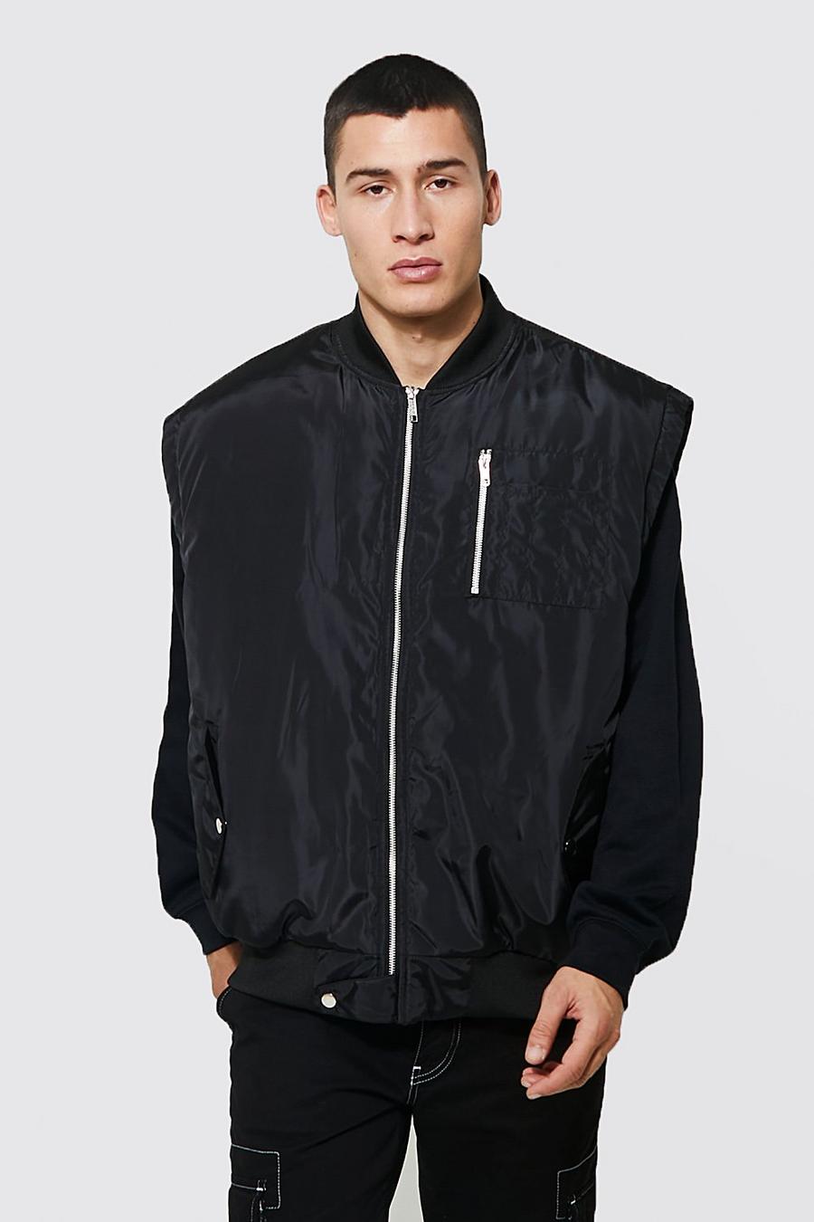 Black Sleeveless Oversized Bomber Jacket image number 1