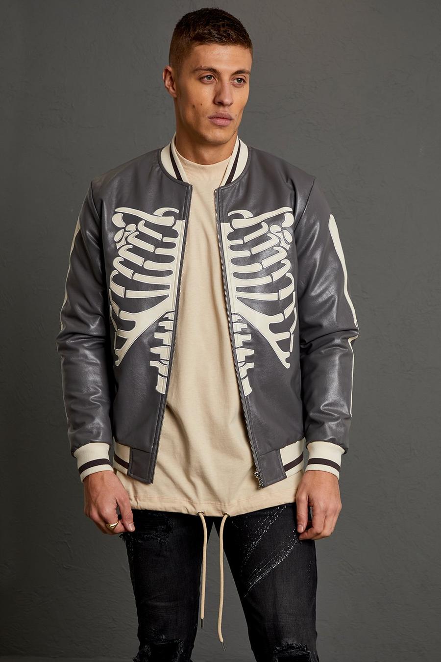 Charcoal Pu Skeleton Bomber With Pu Badges image number 1