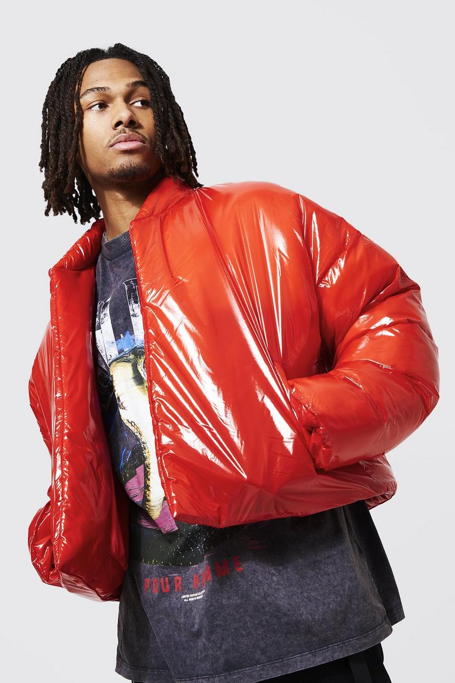 Red Highshine Boxy Oversized Funnel Neck Puffer image number 1
