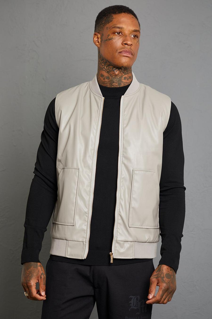 Grey gris Leather Look Sleeveless Bomber image number 1