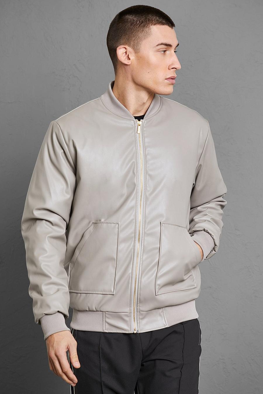 Grey Leather Look Bomber image number 1