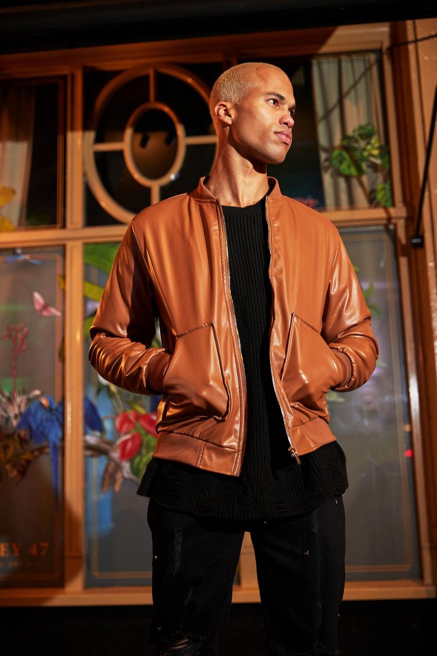 Tan Leather Look Bomber image number 1