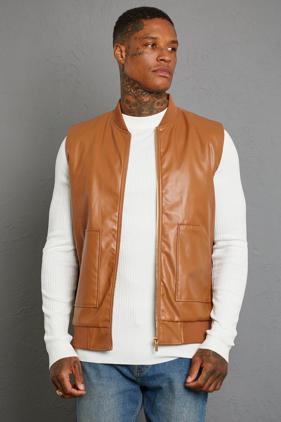 Tan Leather Look Sleeveless Bomber image number 1