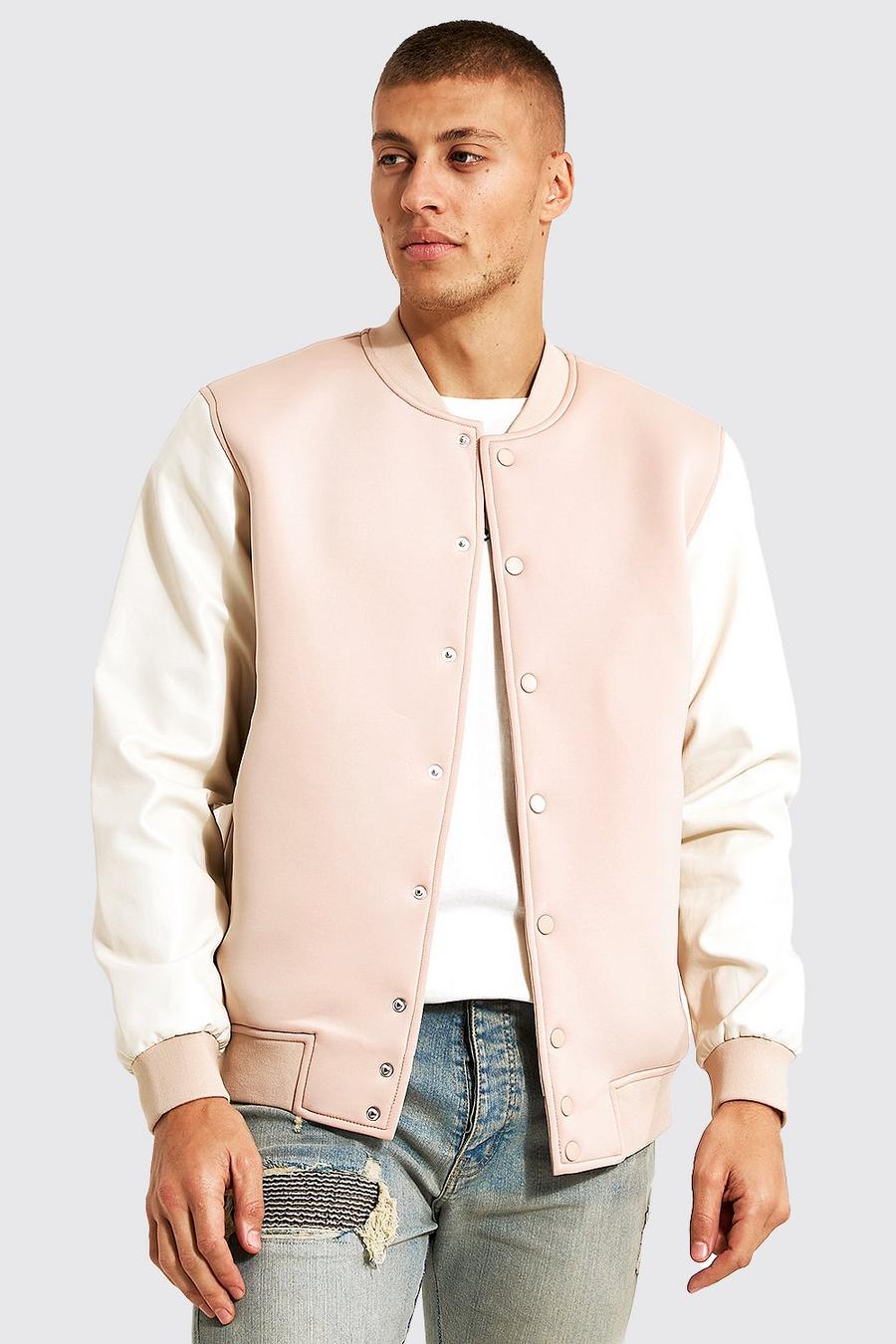 Camel beige Neoprene Bomber With Leather Look Sleeves