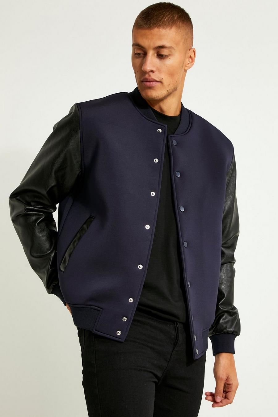 Navy blu oltremare Neoprene Bomber With Leather Look Sleeves
