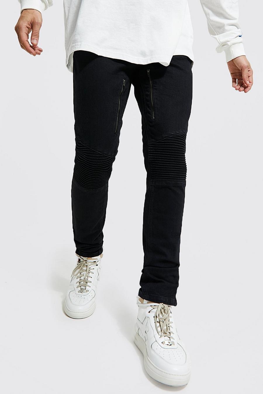 True black Skinny Stretch Zip Leg Biker Jeans image number 1