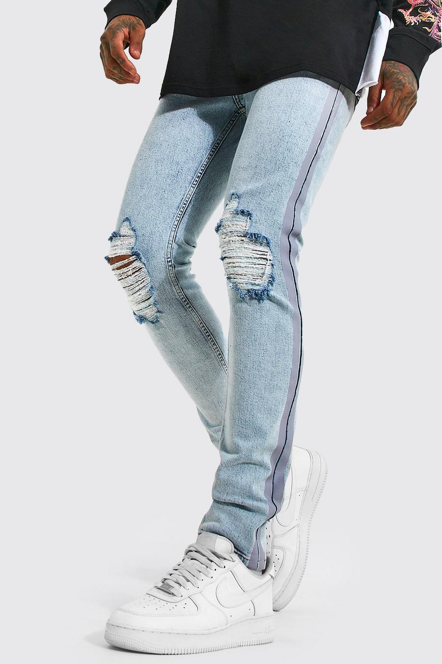 Skinny Stretch Jeans mit Riss am Knie und Seitenstreifen, Antique blue