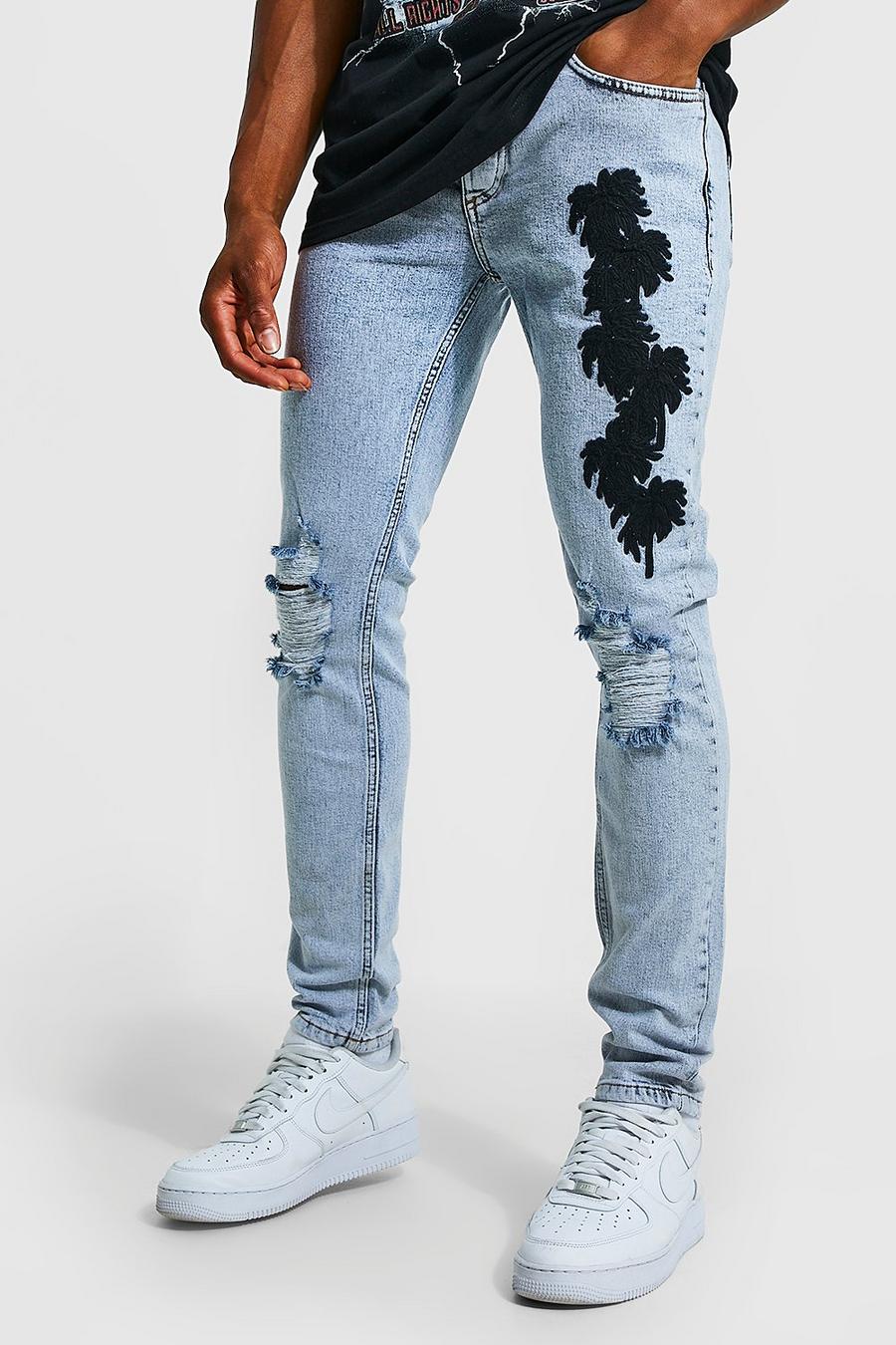 Ice blue Palm Print Skinny Jeans image number 1