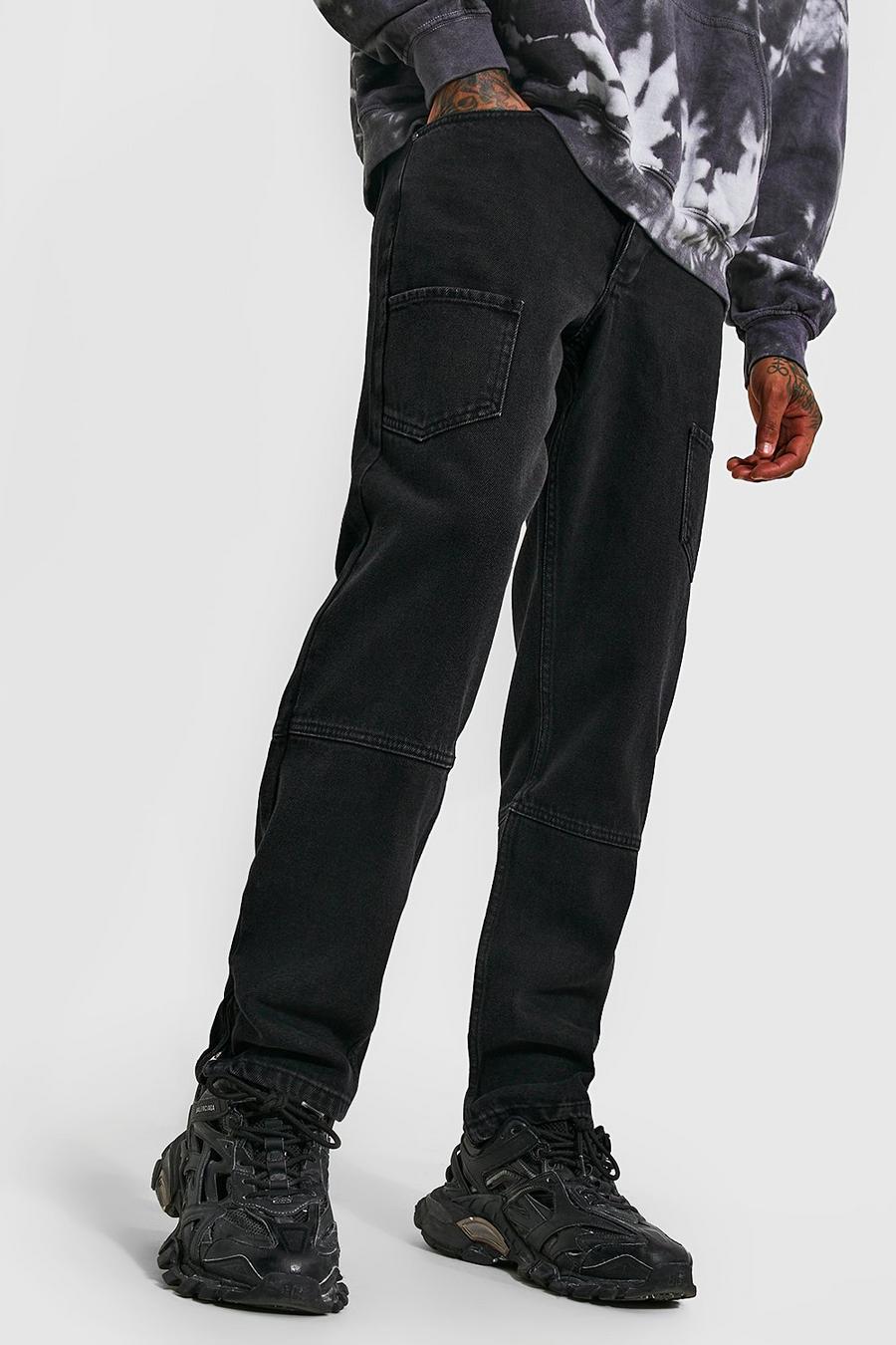 שחור אמיתי ג׳ינס דגמ"ח מבד קשיח בגזרה משוחררת עם רוכסן במכפלת image number 1