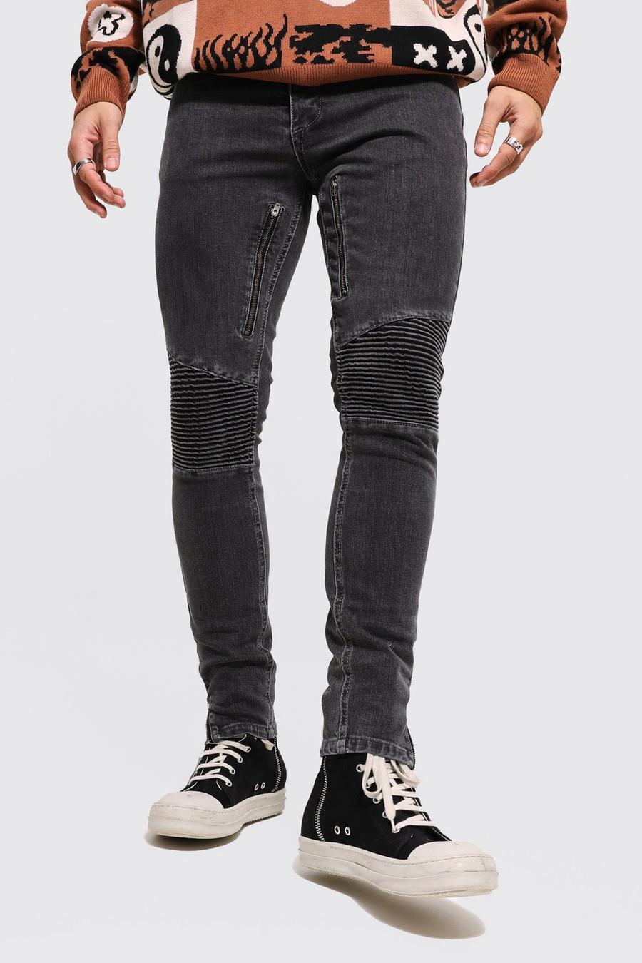 Charcoal gris Skinny Stretch Zip Leg Biker Jeans
