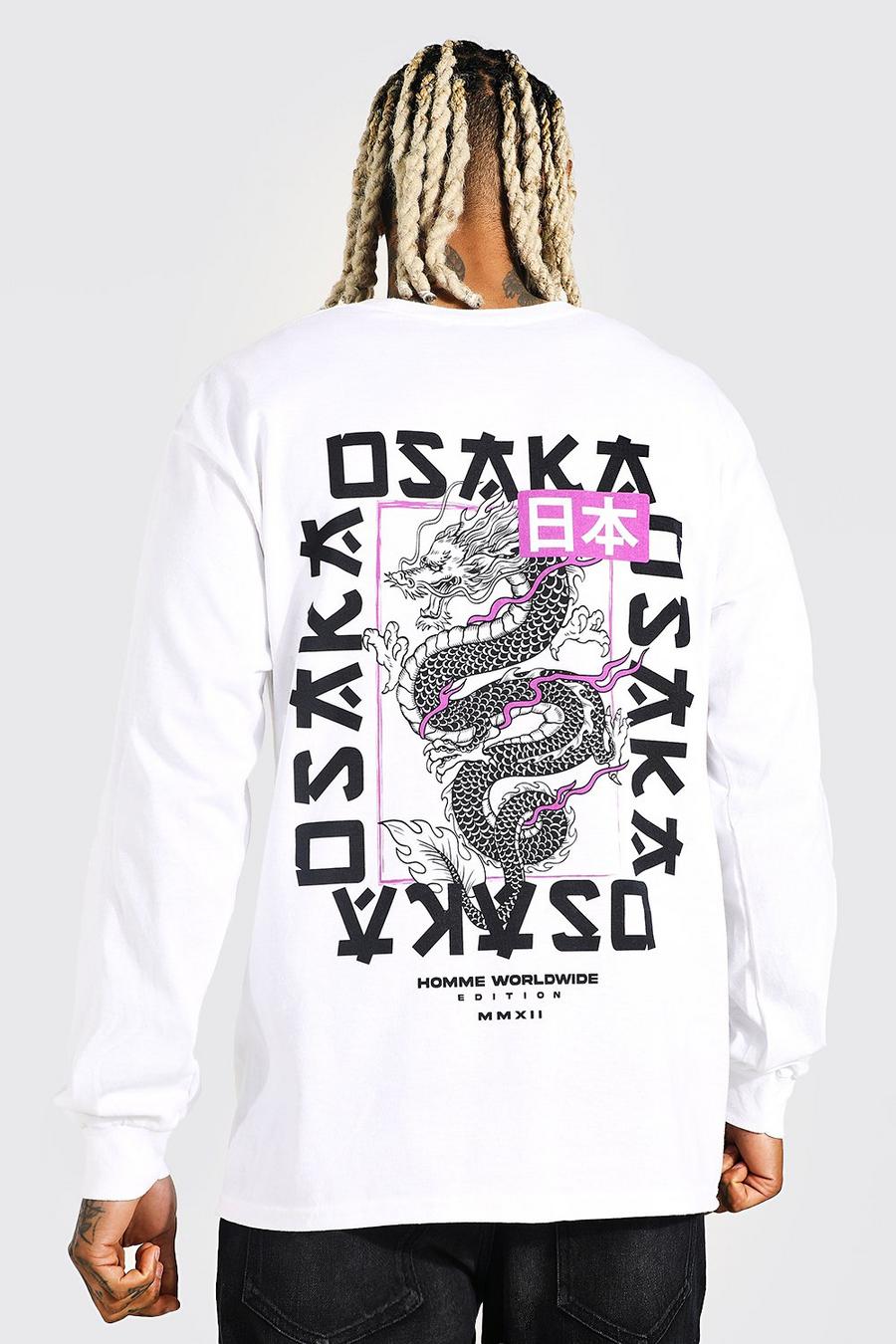 White Oversized Long Sleeve Dragon Graphic T-shirt image number 1