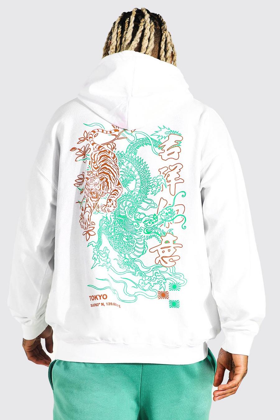 White Oversized Dragon Back Graphic Hoodie image number 1