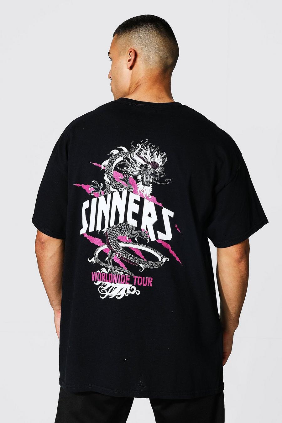 Camiseta oversize con estampado gráfico en la espalda de dragón, Black image number 1