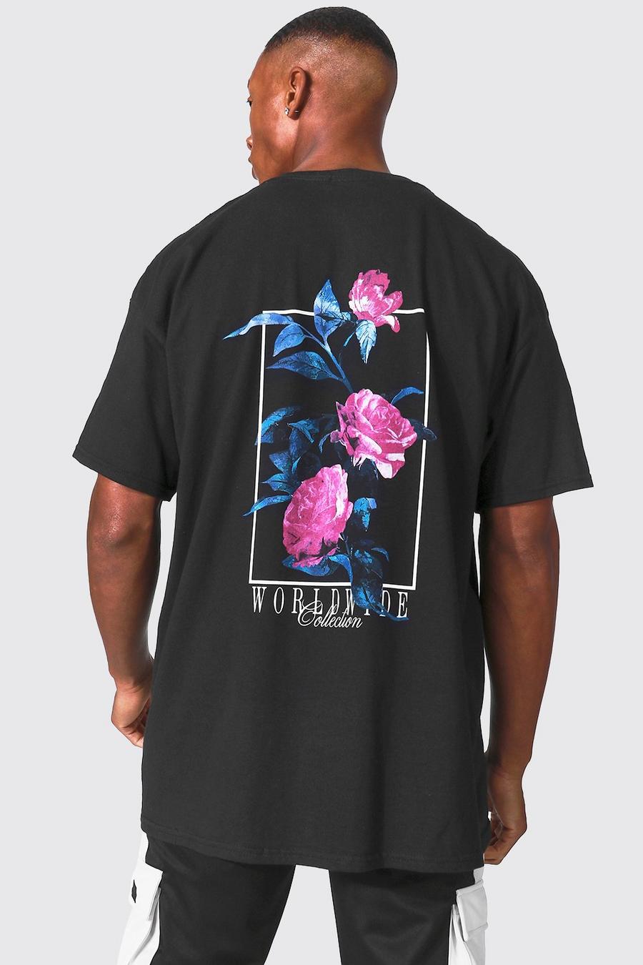 Black Oversized Floral Back Graphic T-shirt image number 1