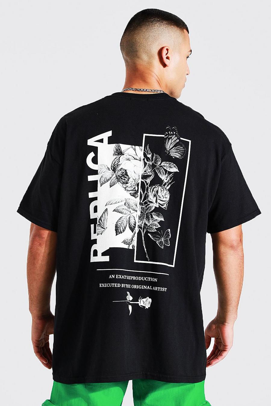Black Oversized Mono Floral Back Graphic T-shirt image number 1