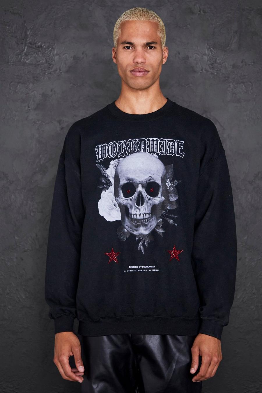 Übergroßes Sweatshirt mit Totenkopf und Strass, Schwarz image number 1