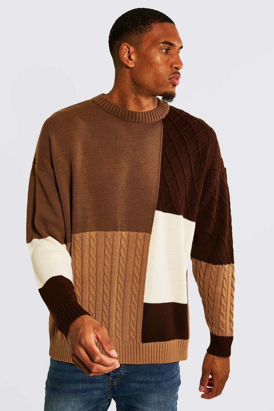 Taupe Tall - Oversize stickad tröja med patchwork image number 1