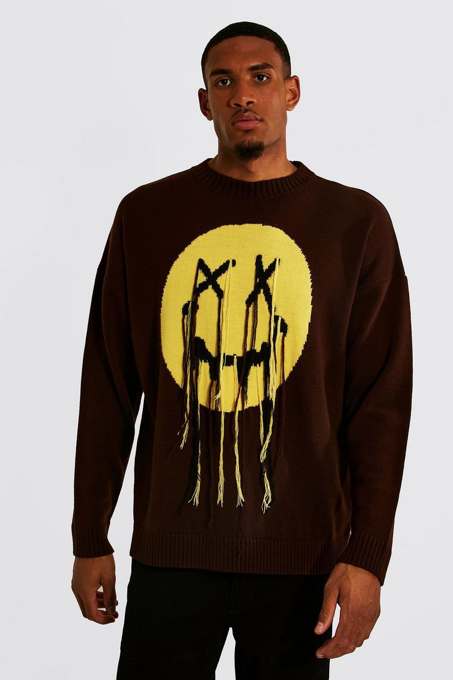 Tall zerrissener Oversize Pullover mit Drip Face Print, Chocolate brown image number 1