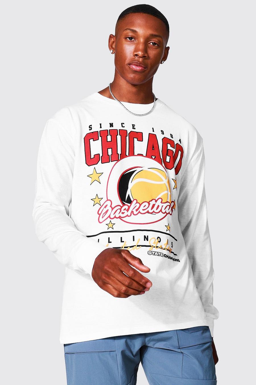 Camiseta oversize de manga larga con estampado de Chicago, White image number 1