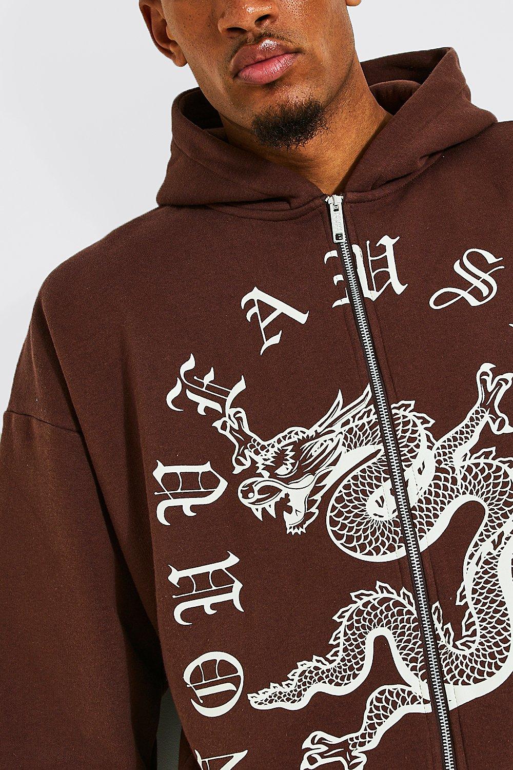 Tall Dragon Print Zip Through Hoodie boohoo NO