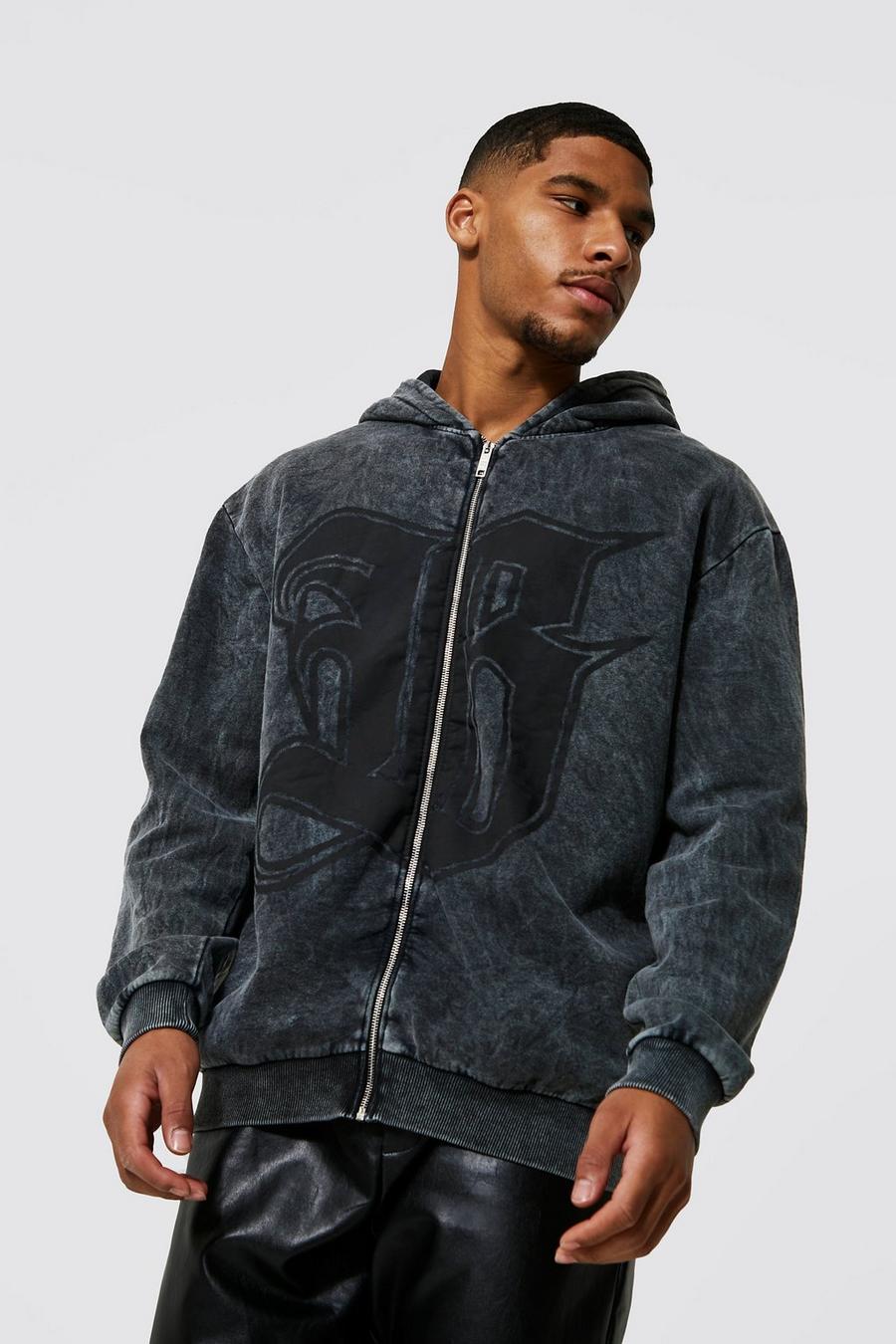 Charcoal Tall Acid Wash Gothic Puff Zip Through Hoodie image number 1