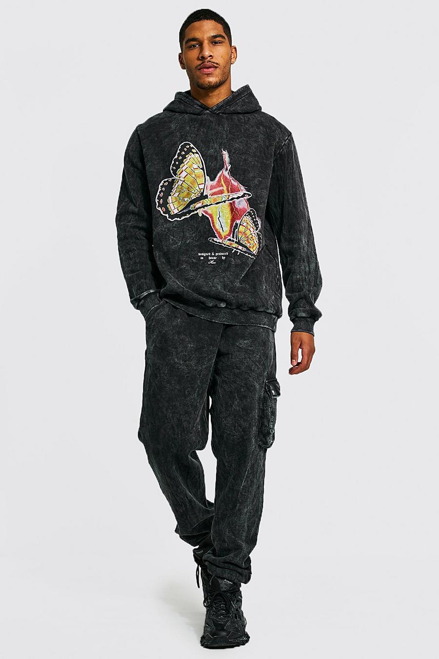 Charcoal Tall Acid Butterfly Hooded Cargo Tracksuit image number 1