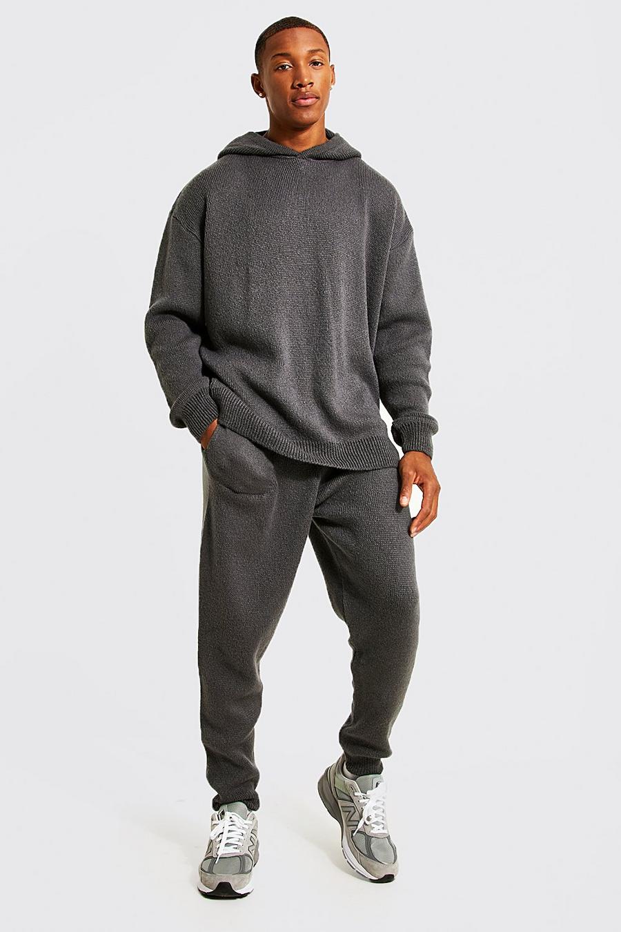 Charcoal grå Stickad hoodie och joggers image number 1