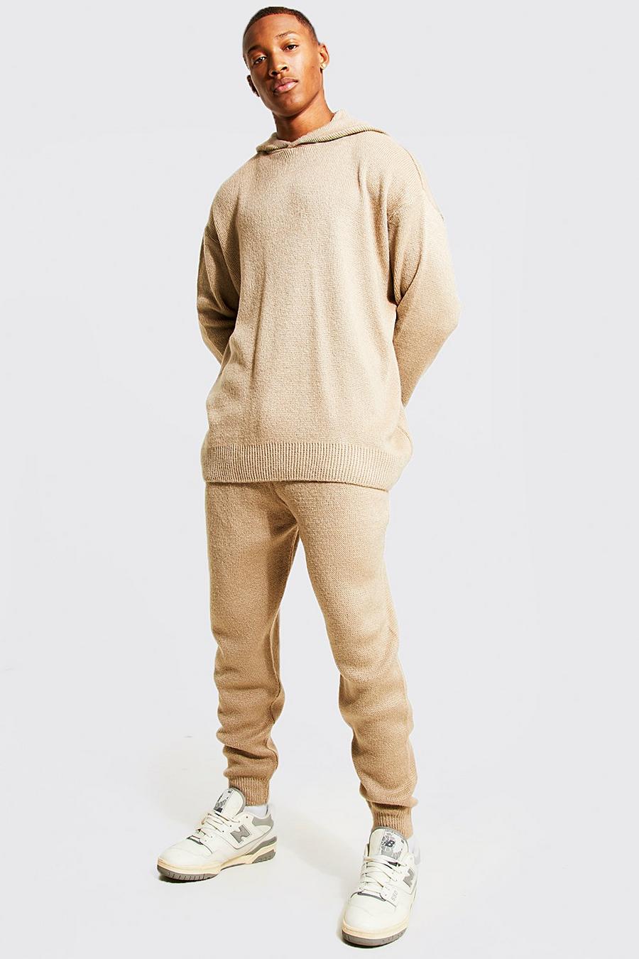 Taupe Stickad hoodie och joggers image number 1