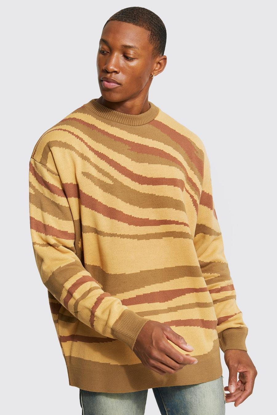 Brown Oversized Abstract Knitted Jumper image number 1