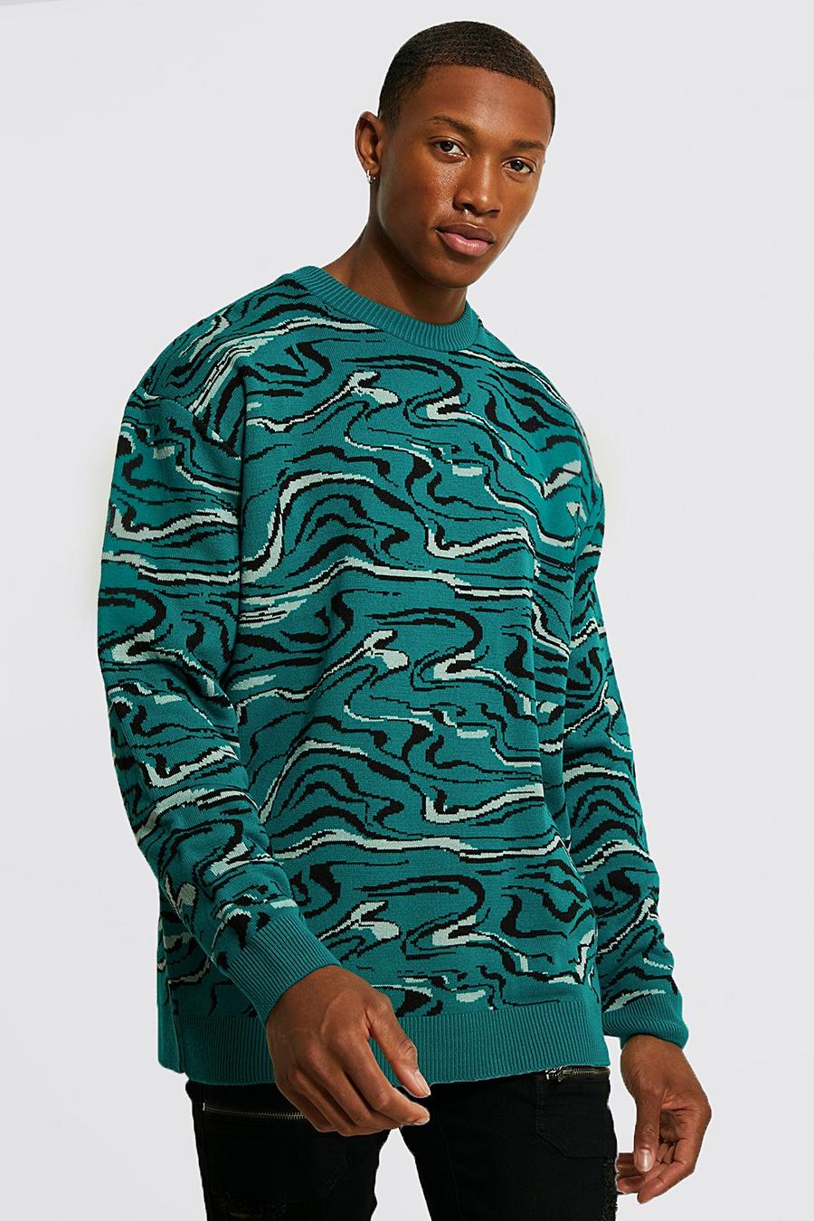Green Oversized Abstract Line Knitted Jumper image number 1