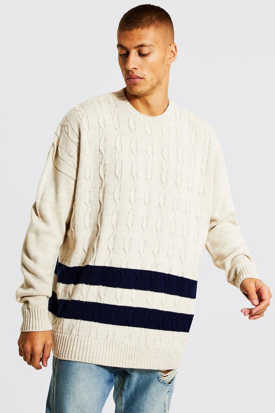 Oversize Zopfmuster-Pullover mit Streifen, Cream weiß