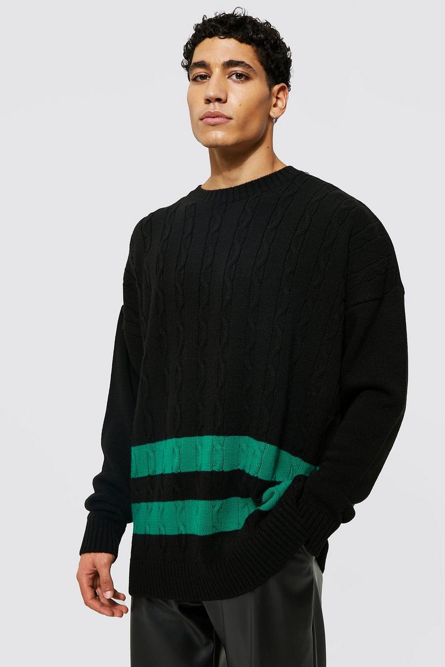 Black Oversized Cable Knitted Jumper With Stripes image number 1