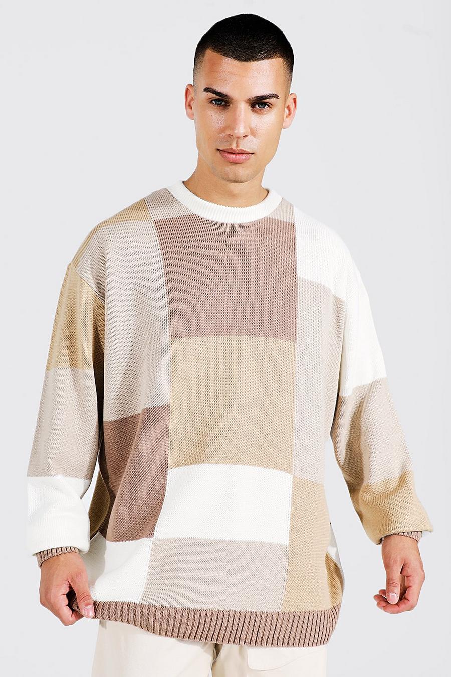 Taupe Patchwork Crew Neck Knitted Jumper image number 1