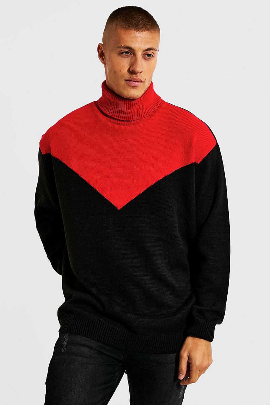 Red Roll Neck Colour Block Knitted Jumper image number 1