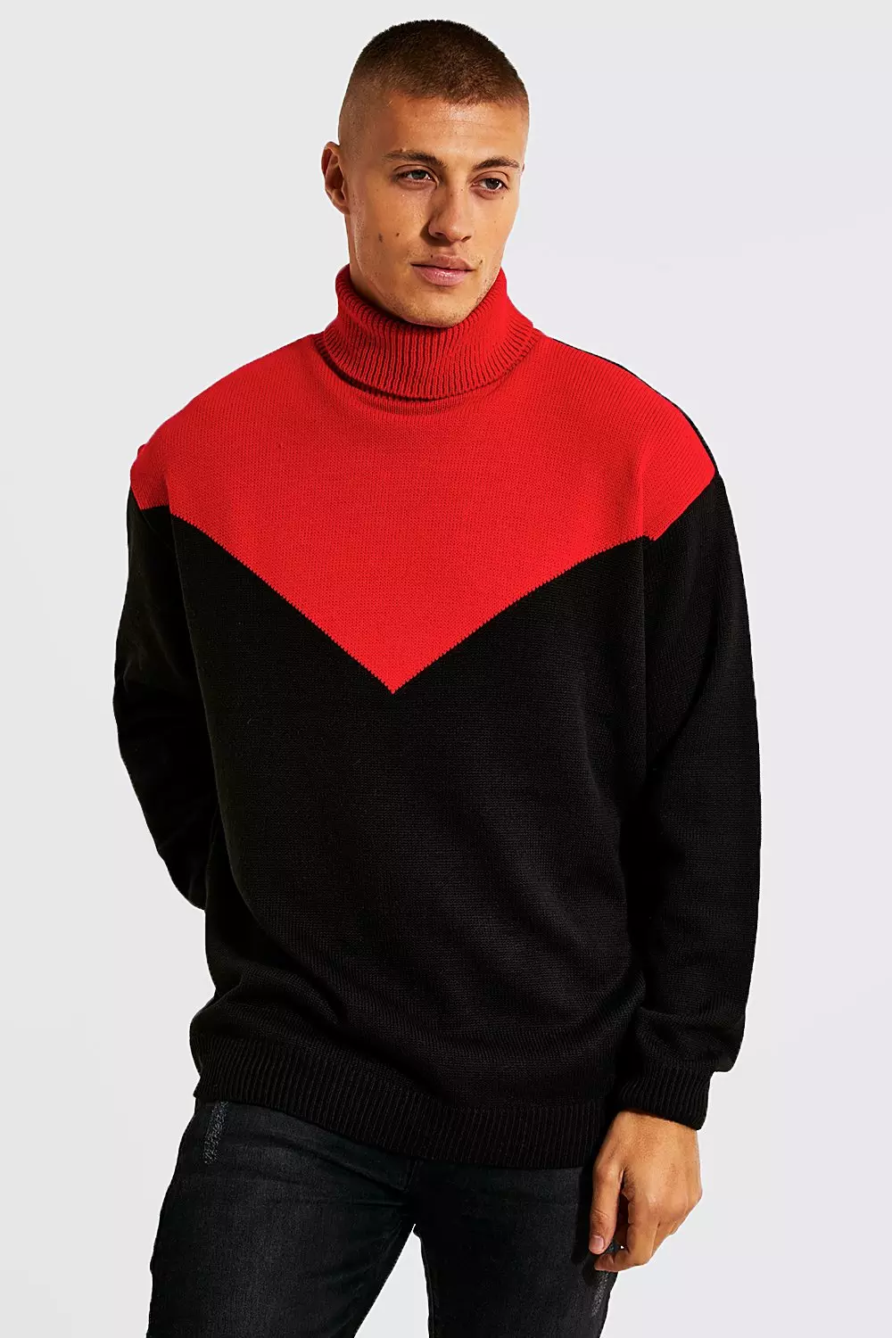 Roll Neck Colour Block Knitted Jumper