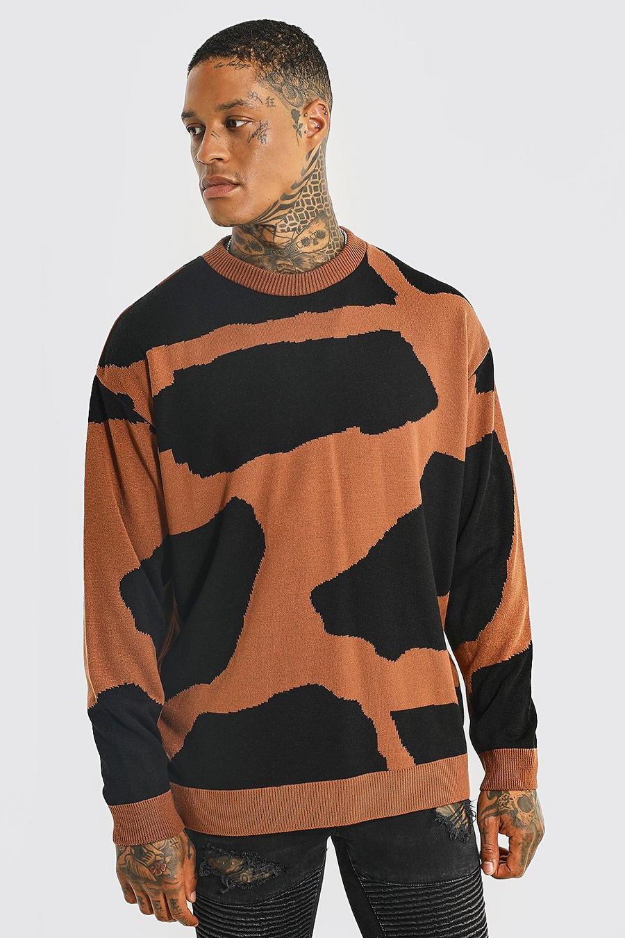 Rust orange Oversize stickad tröja med djurmönster image number 1