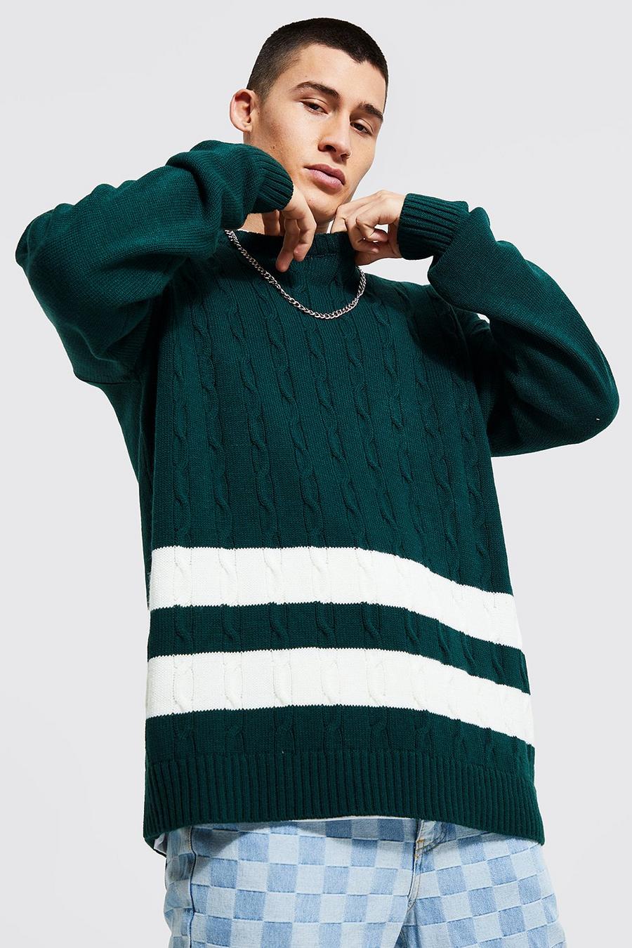 Green Oversized Cable Knitted Jumper With Stripes image number 1