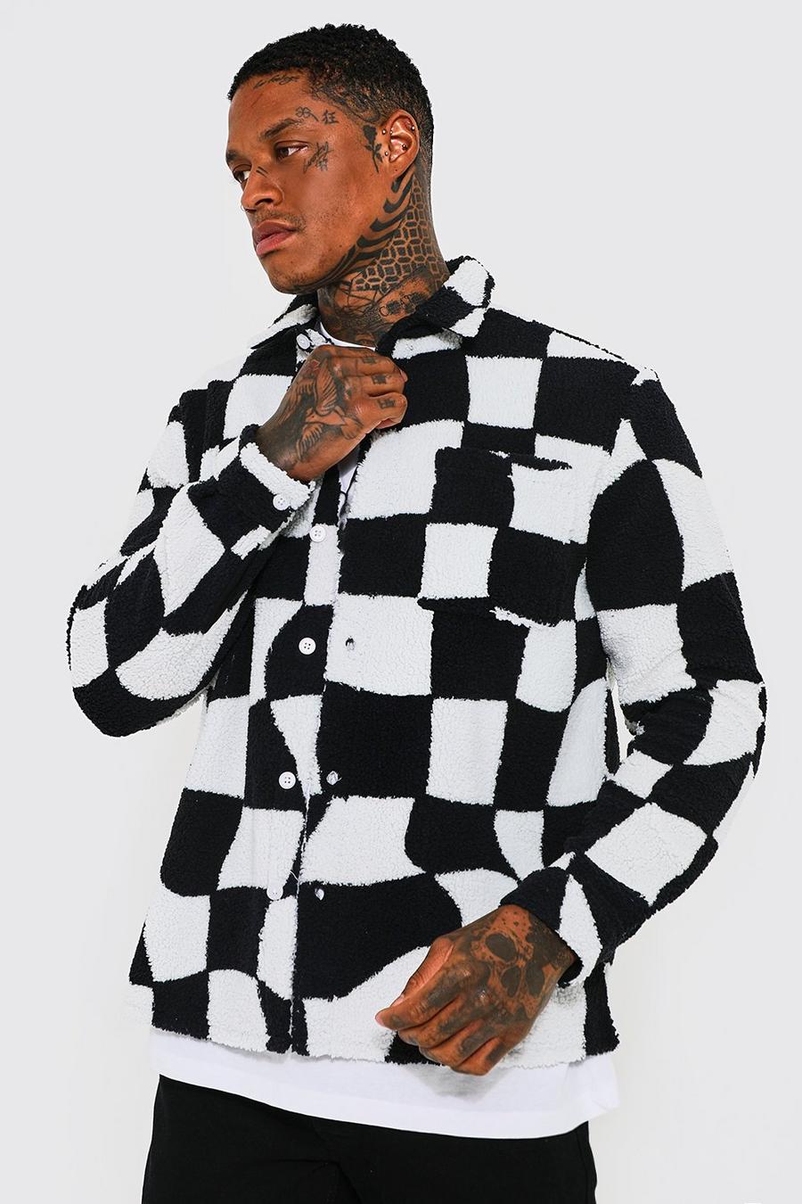 White Checkerboard Printed Borg Overshirt image number 1
