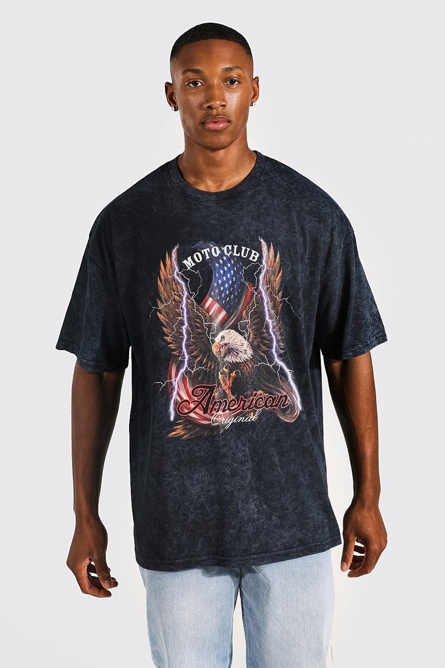 T-shirt oversize délavé à imprimé aigle, Charcoal image number 1