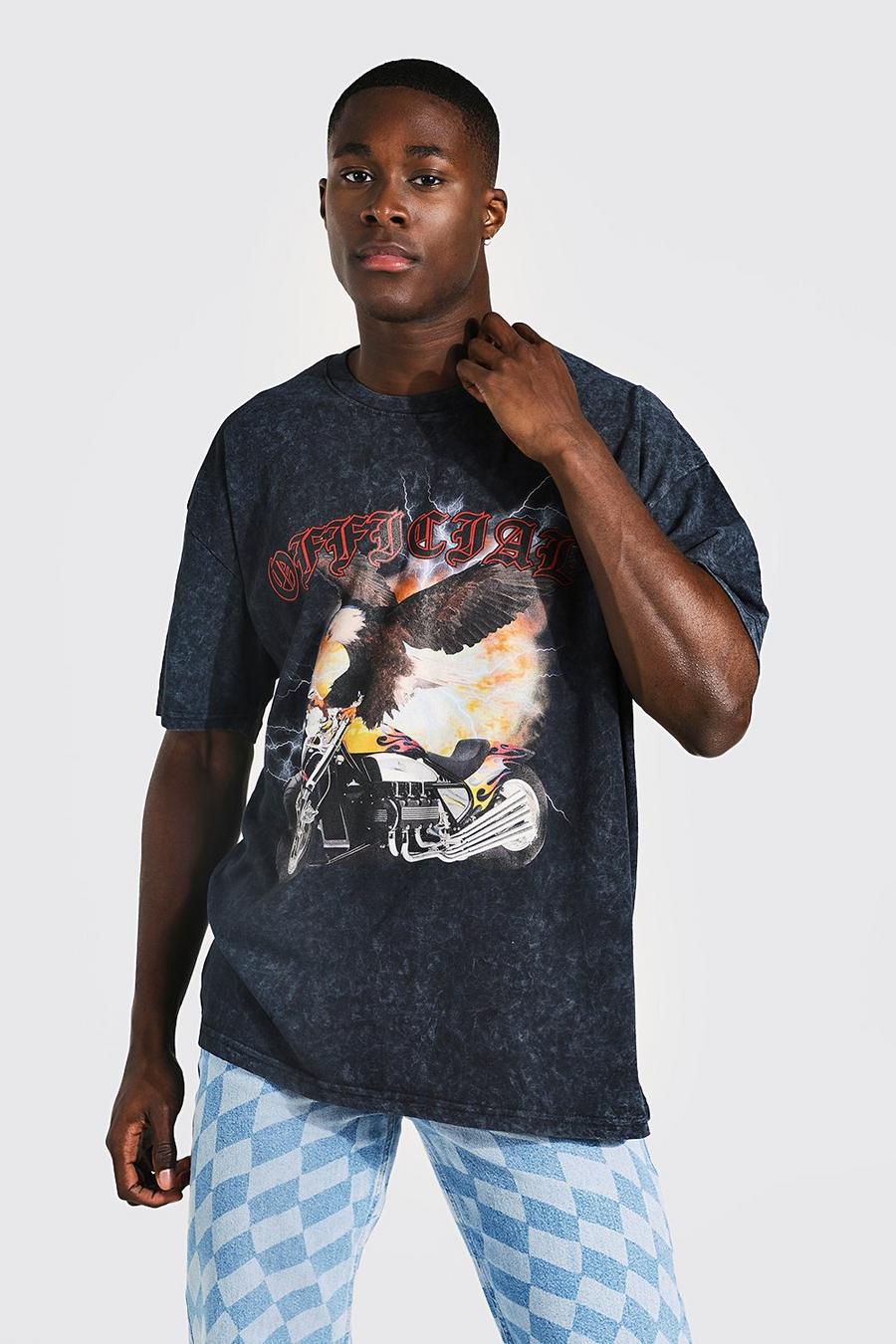 T-shirt oversize in lavaggio acido con grafica di aquila, Charcoal gris image number 1