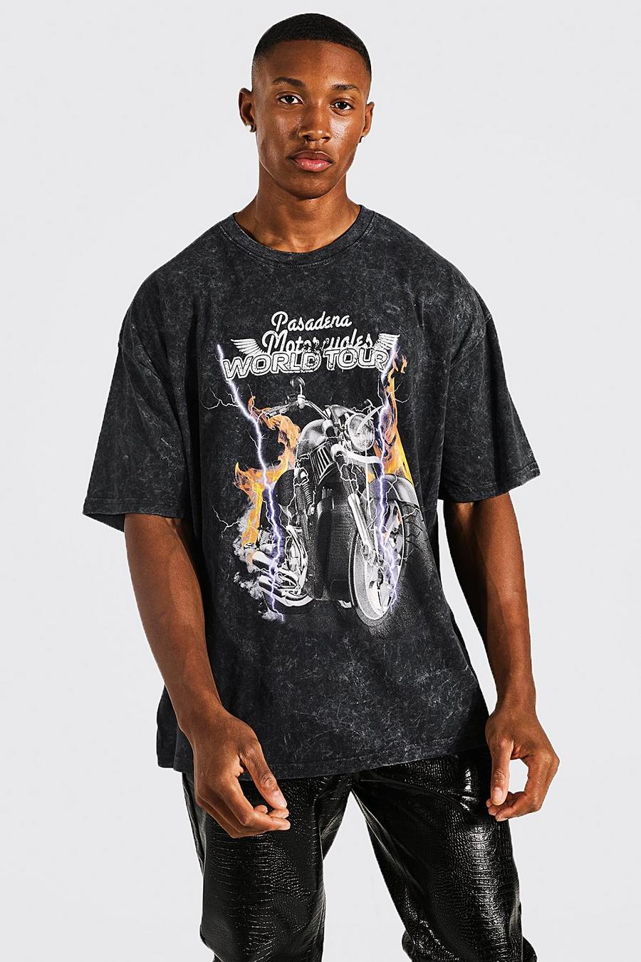 Charcoal Oversized Acid Wash Motorbike Graphic T-shirt image number 1