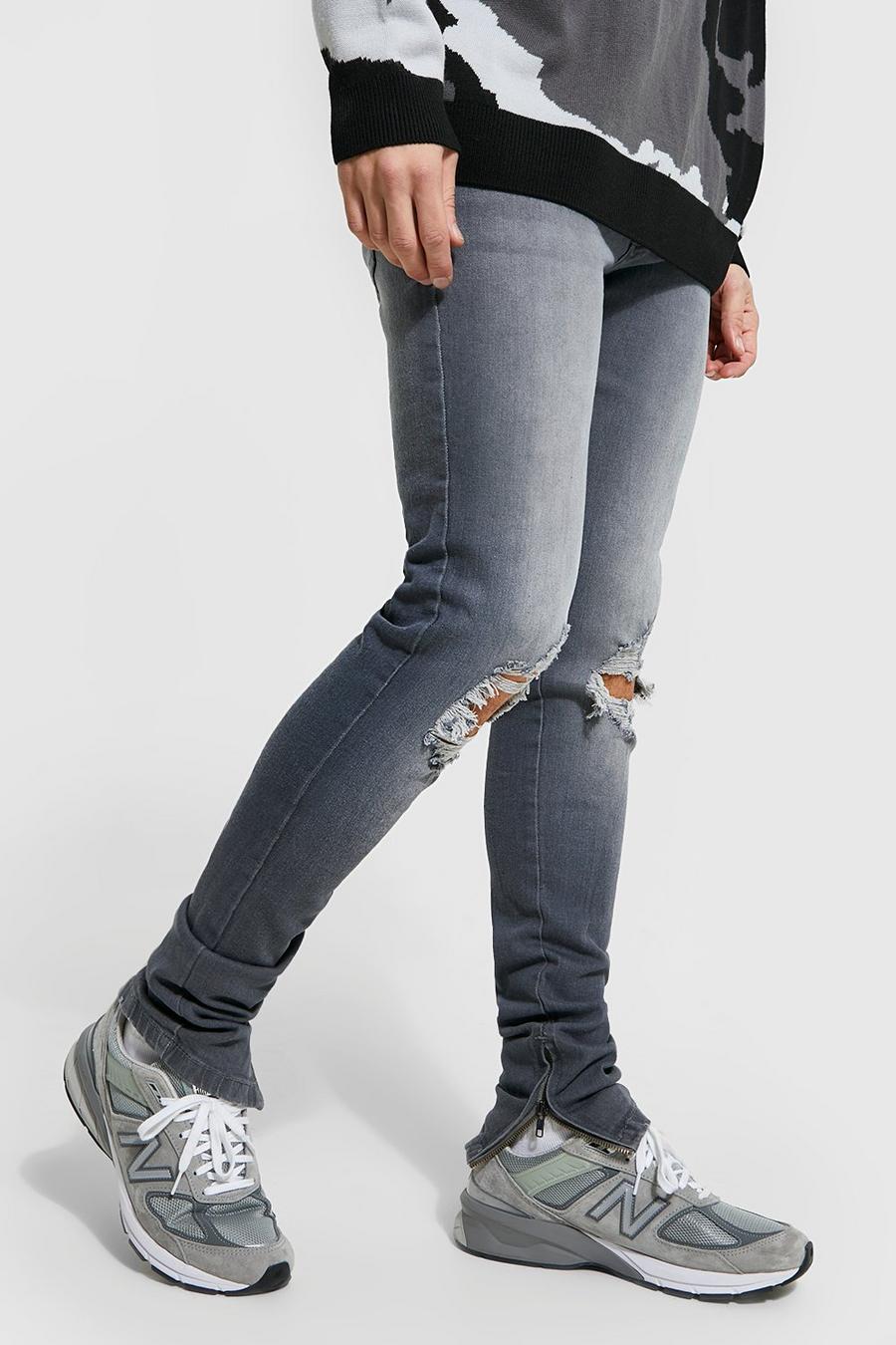 Grey Skinny Stacked Exploded Knee Jean image number 1