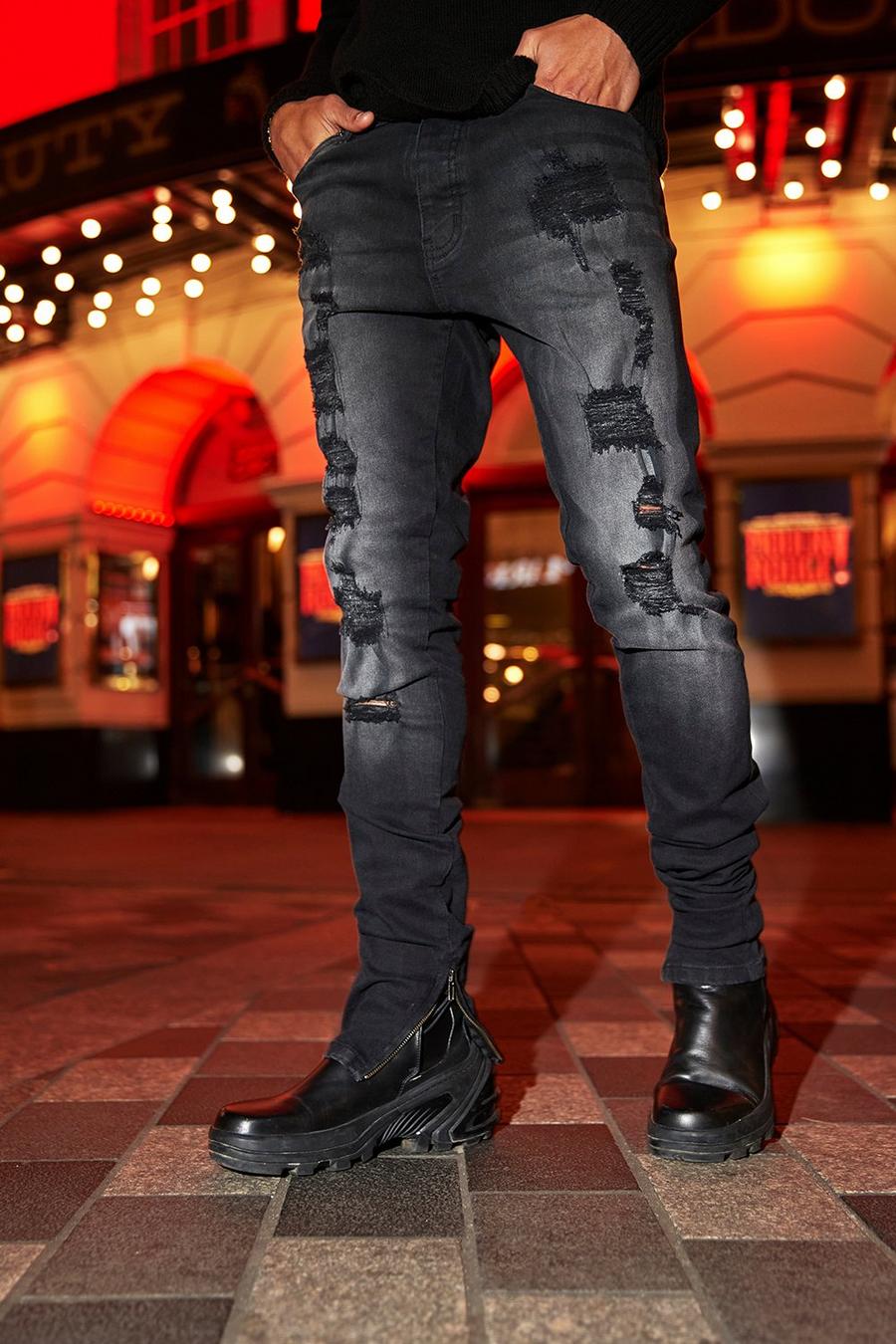 Washed black Skinny Stacked Distressed Rip Jeans image number 1