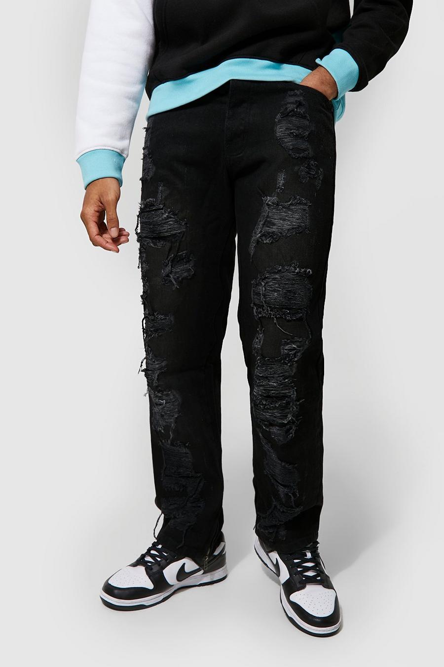 שחור דהוי ג'ינס קשיח בגזרה משוחררת עם קרעים גדולים image number 1