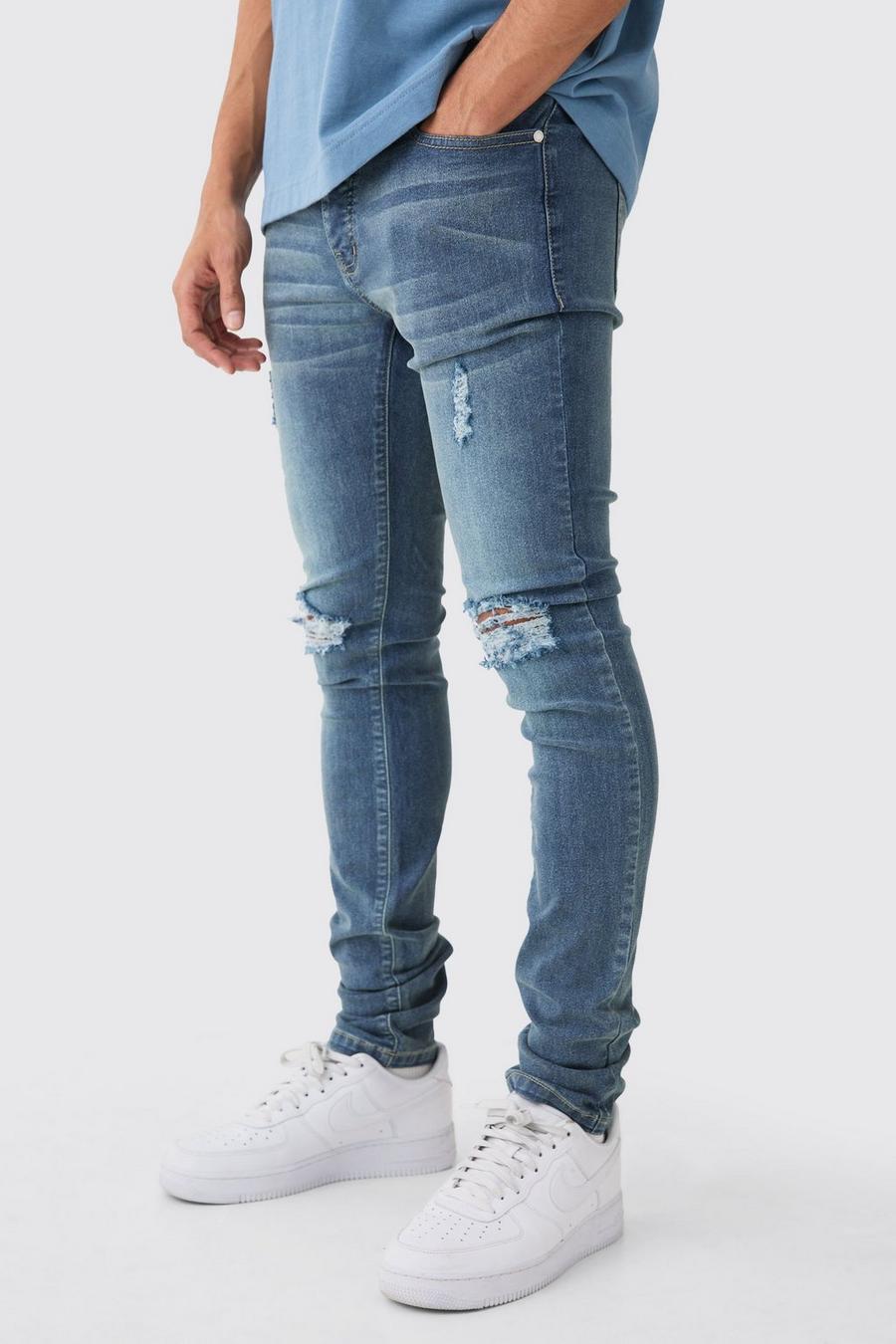 Vintage blue Stacked Skinny Jeans Met Gescheurde Knieën