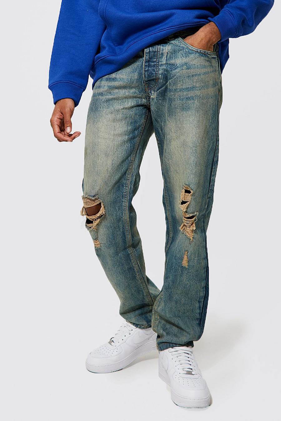Antique blue Relaxed Fit Busted Knee Ripped Jeans image number 1